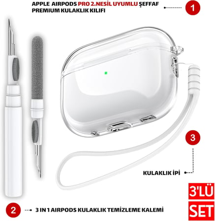 Pro 2 Nesil Uyumlu Seffaf Premium Kulaklik Kilifi, Beyaz Silikon Kulaklik İ̇Pi Ve 3'U 1 Arada Bluetooth Kulaklik Temizleme Kalemi Seti (Seffaf Beyaz)