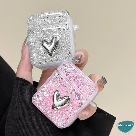 AirPods 1. Nesil / 2. Nesil için Kılıf Glitter Shiny Pembe [AirPods 1/2 ile Uyumlu Kılıf - Pembe]