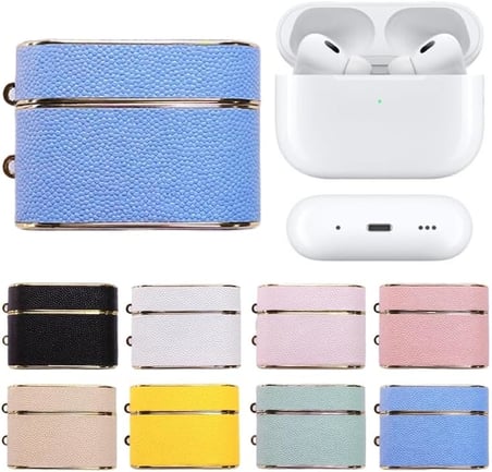 Airpods Pro/Pro 2 ile Uyumlu İçi Silikon Deri Zincirli Lüks Kılıf - Şık ve Zarif Tasarım, Tam Koruma ve Kolay Taşıma (Bebe Mavisi)