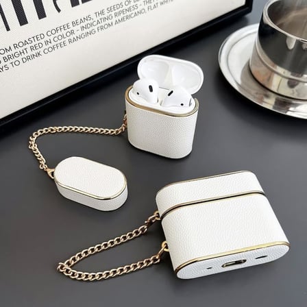 Airpods 1/2 Nesil ile Uyumlu İçi Silikon Deri Zincirli Lüks Kılıf - Şık ve Zarif Tasarım, Tam Koruma ve Kolay Taşıma (Pembe)