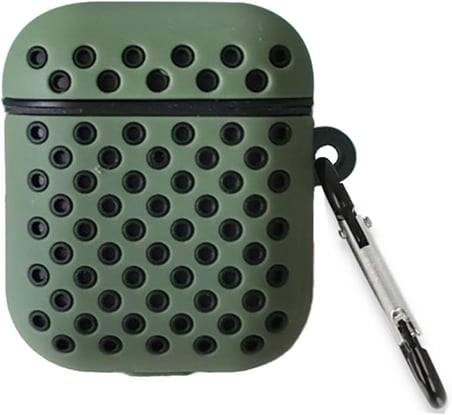 Airpods 1/2 Nesil Delikli Spor Premium Silikon Kılıf + Karabina Klipsli, Tam Koruma ve Stil Sunan Ergonomik Tasarım (Zeytin Yeşili-Siyah)