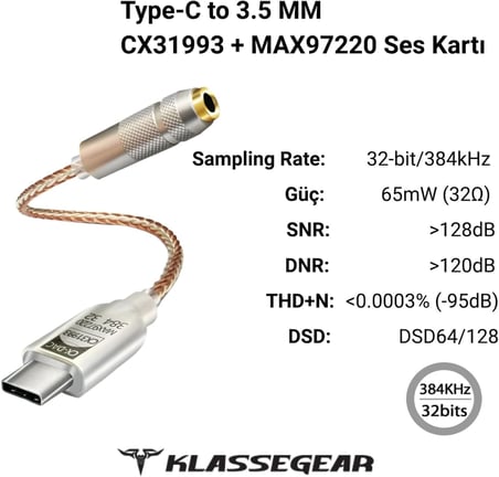 Klasse Type-C - 3.5 CX31993 MAX97220 Çip HiFi DAC Ses Kartı Kulaklık Kablosu (USB başlık)