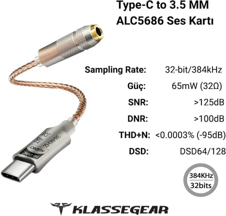Klasse Type-C - 3.5 ALC5686 Çip HiFi DAC Ses Kartı Kulaklık Kablosu (USB başlık)