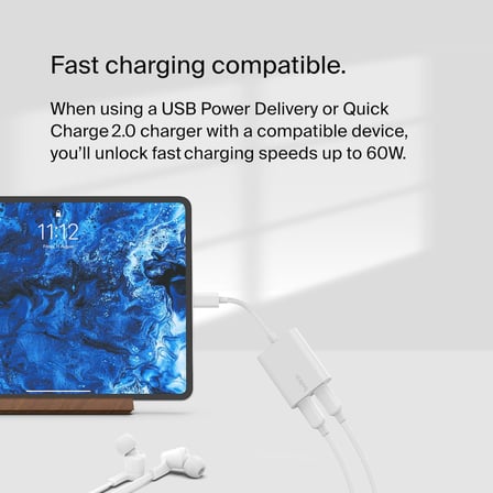 RockStar™ USB-C Ses + Şarj Adaptörü, USB-C 60W Güç Dağıtımlı Kulaklık Adaptörü iPhone 15, iPad Pro, Galaxy, Note, Google Pixel, LG, Sony, OnePlus ve Daha Fazlası İçin Hızlı Şarj - Beyaz