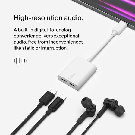RockStar™ USB-C Ses + Şarj Adaptörü, USB-C 60W Güç Dağıtımlı Kulaklık Adaptörü iPhone 15, iPad Pro, Galaxy, Note, Google Pixel, LG, Sony, OnePlus ve Daha Fazlası İçin Hızlı Şarj - Beyaz
