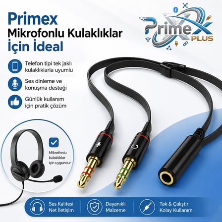 PrimeX PX-8005 Kulaklık Mikrofon Ayırıcı, 3.5 mm Jak 1 Dişi 2 Erkek Y Splitter, Tek Girişli Mikrofonlu Kulaklığı PC ve Laptopa Bağlama Çevirici