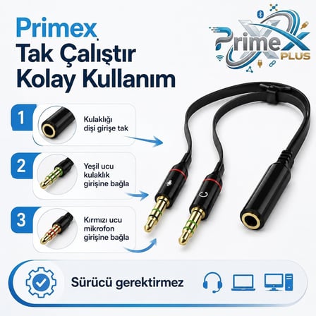 PrimeX PX-8005 Kulaklık Mikrofon Ayırıcı, 3.5 mm Jak 1 Dişi 2 Erkek Y Splitter, Tek Girişli Mikrofonlu Kulaklığı PC ve Laptopa Bağlama Çevirici