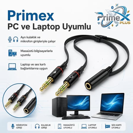 PrimeX PX-8005 Kulaklık Mikrofon Ayırıcı, 3.5 mm Jak 1 Dişi 2 Erkek Y Splitter, Tek Girişli Mikrofonlu Kulaklığı PC ve Laptopa Bağlama Çevirici