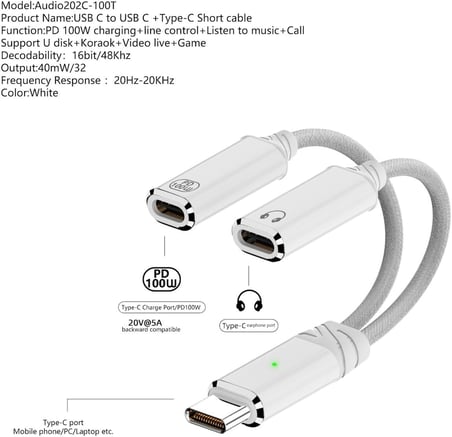 2in 1 100W Type C to Type C & Type C Hızlı Şarj Kulaklık Arama Dönüştürücü OTGTC