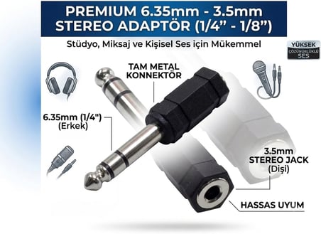 6.3 Mm Stereo Erkek - 3.5 Mm Stereo Dişi Ses Jack Çevirici Adaptör, Siyah, Gitar, Kulaklık, anfi, mixer, ses kartı, mikrofon, hoparlör ve müzik ekipmanları