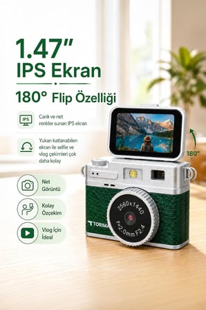 Torima Mini Dijital Kamera 2K Flip Ekranlı Selfie Video Vlog Kamerası CMR49 Koyu Yeşil