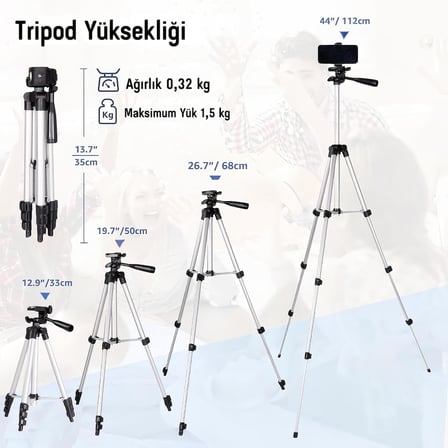 Telefon Tripodu – 33-110cm Katlanabilir Tripod Telefon Tutucu, 360° Döner Başlık, Bluetooth Kumandalı Selfie Çubuğu, iOS/Android Uyumlu, Kamera ve GoPro ile Kullanılabilir