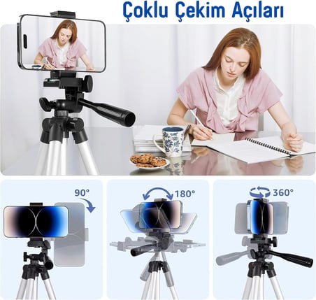 Telefon Tripodu – 33-110cm Katlanabilir Tripod Telefon Tutucu, 360° Döner Başlık, Bluetooth Kumandalı Selfie Çubuğu, iOS/Android Uyumlu, Kamera ve GoPro ile Kullanılabilir