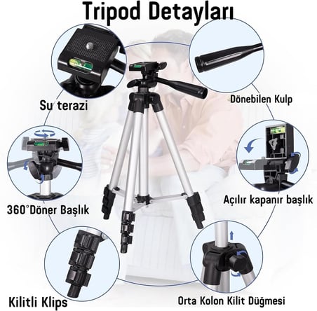 Telefon Tripodu – 33-110cm Katlanabilir Tripod Telefon Tutucu, 360° Döner Başlık, Bluetooth Kumandalı Selfie Çubuğu, iOS/Android Uyumlu, Kamera ve GoPro ile Kullanılabilir