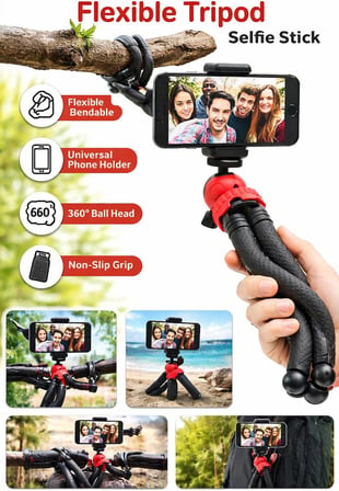 Esnek Youtuber Yayıncılar ve Sosya Medya için İdeal 30cm Ahtapot 360 Derece Taşınabilir Ayakları Bükülebilir Selfie Telefon Tutuculu 3 Ayaklı Kampda Tatilde Gezilerde Tripod Çok Hafif 320gr