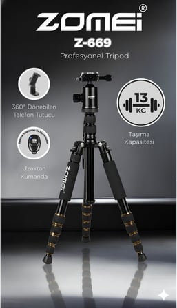 Profesyonel Tripod, 149 cm, 13 Kg Taşıma Kapasiteli, 360° Bilye Başlıklı, Hızlı Bırakma Plakalı, Telefon Tutuculu, Uzaktan Kumandalı, Kaymaz Ayaklı Kamera ve Telefon Tripodu | Zomei Z-669