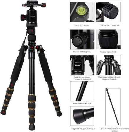 Profesyonel Tripod, 149 cm, 13 Kg Taşıma Kapasiteli, 360° Bilye Başlıklı, Hızlı Bırakma Plakalı, Telefon Tutuculu, Uzaktan Kumandalı, Kaymaz Ayaklı Kamera ve Telefon Tripodu | Zomei Z-669