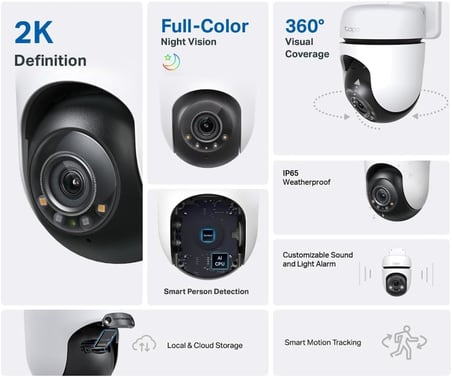 Tapo TC41 2K Dış Mekan Pan/Tilt Güvenlik Wi-Fi Kamera, IP65 Hava Koşullarına Dayanıklı, Hareket Algılama, 360° Görsel Kapsama Alanı, Tam Renkli Gece Görüşü, Yerel Depolama, Alexa ve GoogleHome