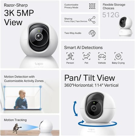 C230, 3K 5MP, Yapay Zeka Desteği, Hareket Takibi, 360°, 12m Gece Görüşü, Çift Yönlü Sesli İletişim, Bulut/Yerel Depolama, Bebek Ağlaması Tespiti,İç Mekan Wi-Fi Güvenlik Kamerası