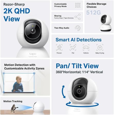 TP-Link Pan/Tilt AI Akıllı Ev Güvenliği Wi-Fi Kamera, Bebek Monitörü, 2K, 4MP, AI Algılama ve Bildirim, Gece Görüşü, İki Yönlü Ses, Ses ve Işık Alarmı, SD Kart Yuvası, Hub Gerekmez (TC72)