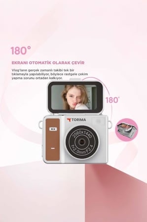 Torima Mini Dijital Kamera 2K Flip Ekranlı Selfie Video Vlog Kamerası CMR46 Kahverengi