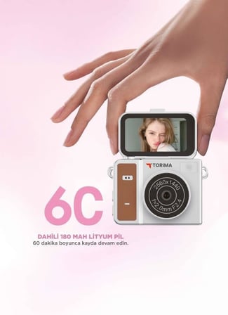 Torima Mini Dijital Kamera 2K Flip Ekranlı Selfie Video Vlog Kamerası CMR46 Kahverengi