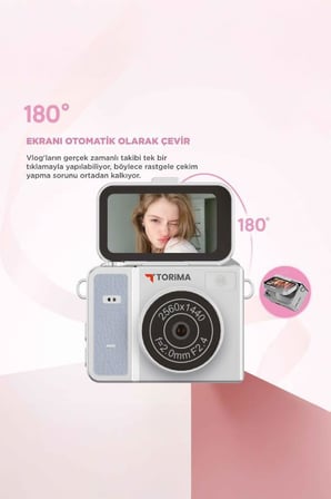 Torima Mini Dijital Kamera 2K Flip Ekranlı Selfie Video Vlog Kamerası CMR46 Mavi
