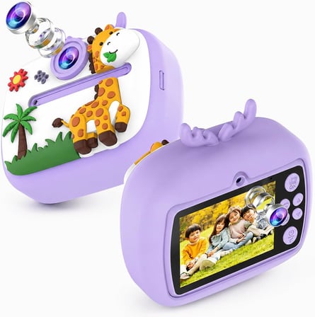 Çocuk Kamerası Zürafa Tasarımlı Anında Baskı Özellikli Dijital Fotoğraf Makinesi, 2,4 inç IPS Ekranlı 1080P Video Kayıtlı Kamera, CMR90 (Mor)
