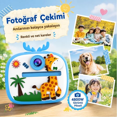 Çocuk Kamerası Zürafa Tasarımlı Anında Baskı Özellikli Dijital Fotoğraf Makinesi, 2,4 inç IPS Ekranlı 1080P Video Kayıtlı Kamera, CMR90 (Mor)