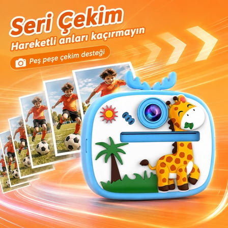 Çocuk Kamerası Zürafa Tasarımlı Anında Baskı Özellikli Dijital Fotoğraf Makinesi, 2,4 inç IPS Ekranlı 1080P Video Kayıtlı Kamera, CMR90 (Mor)
