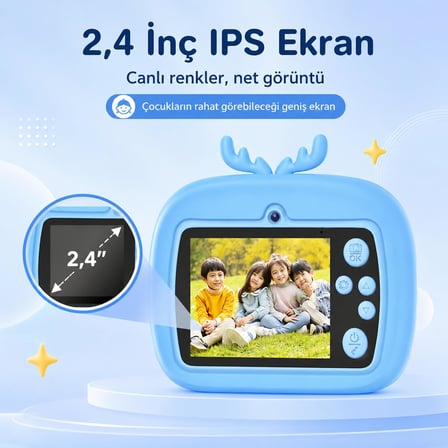 Çocuk Kamerası Zürafa Tasarımlı Anında Baskı Özellikli Dijital Fotoğraf Makinesi, 2,4 inç IPS Ekranlı 1080P Video Kayıtlı Kamera, CMR90 (Mor)