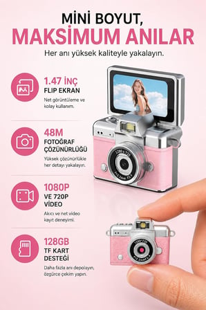 Mini Flip Dijital Kamera, 1.47 İnç Ekran, 48M Fotoğraf Çözünürlüğü, 1080P/720P Video, 128GB TF Kart Desteği, Type-C Şarj, Flaşlı, Fotoğraf ve Video Kayıt Özellikli | LK-027 Pembe