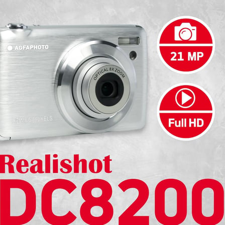 Realishot DC8200 fotoğraf makinesi, dijital kamera, kompakt, 18 MP, Full HD, LCD ekran, 2,7 inç, optik zoom, 8 x lityum pil ve SD kart 16 GB, gümüş