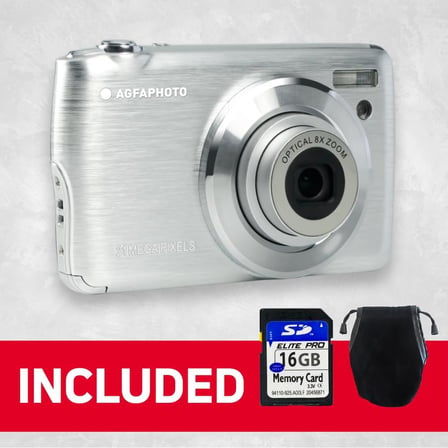 Realishot DC8200 fotoğraf makinesi, dijital kamera, kompakt, 18 MP, Full HD, LCD ekran, 2,7 inç, optik zoom, 8 x lityum pil ve SD kart 16 GB, gümüş