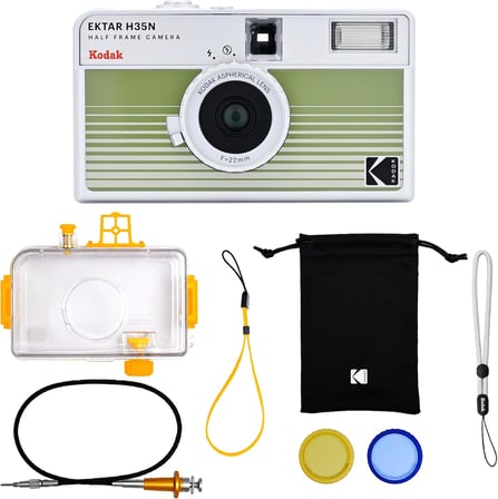 KODAK EKTAR H35N Yarım Çerçeve Film Kamera Premium Kiti,35mm Yeniden Kullanılabilir,Su Geçirmez Kılıf,Kablo Çıkarıcı,Renk Filtreleri,Flaşlı,Seyahat Dostu(Film ve AAA Pil dahil değildir)(Çizgili Yeşil)