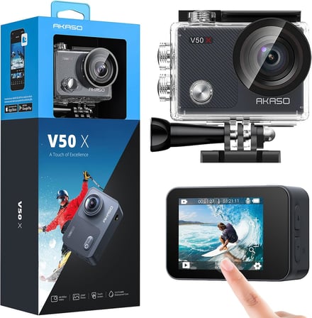 V50X 4K 30Fps Aksiyon Kamera ve Aksesuar Seti 20MP WiFi Aksiyon Kamerası IPX7 Su Geçirmez EIS 2.0 Çift Ekran, Dokunmatik Ekranlı, 2X 1350mAh Pil ve Aksesuar Kiti