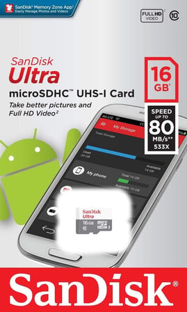Ultra 16 GB microSDHC Hafıza Kartı, 80MB/sn UHS-I Class 10 - SDSQUNS-016G-GN3MN