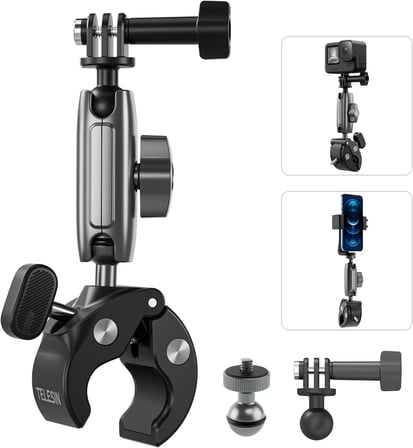 Motosiklet Gidonu Bisiklet Montaj Kelepçeleri için GoPro Hero 13 12 11 10 9 DJI OSMO Action 5 Pro 4 3 Insta360,360° Çift Top Başlı Kelepçe Tutucu 1/4-20 mm Kamera ve Telefon için Adaptör