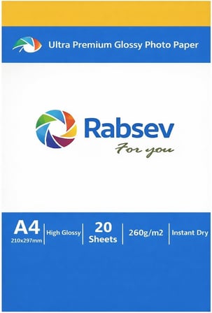 Rabsev Ultra Premium Parlak Fotoğraf Kağıdı, A4, 260g/m2, Hızlı Kuruyan, 20 Yaprak
