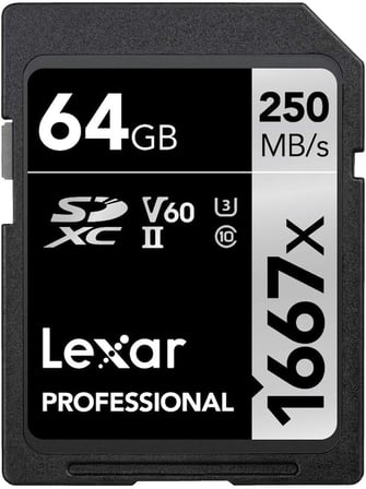 Professional 1667x SD Kart 64 GB, SDXC UHS-II Bellek Kartı, 250 MB/s'ye kadar Okuma, 120 MB/s'ye kadar Yazma, Sınıf 10, U3, V60, SD için Profesyonel Fotoğrafçı, Videografer (LSD64GCB1667)
