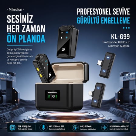 DENSHİ KL-G99 Kablosuz Yaka Mikrofonu Çift Mikrofonlu, 20 Saat Pil Ömrü, ENC Gürültü Engelleme, Şarj Kutulu Wireless Mikrofon, iPhone ve Type-C Uyumlu, YouTube TikTok Podcast Canlı Yayın