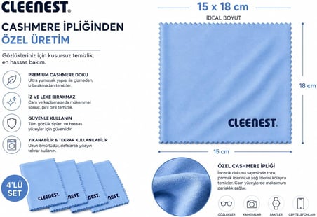 Yuksek Kaliteli Kasmir İ̇Pliginden Uretilmis Temizleme Bezi, Gozluk Temizleme Bezi, Ekranlar Ve Tabletler İ̇Cin, 4 Adet, 15 X 18 Cm, Turkuaz