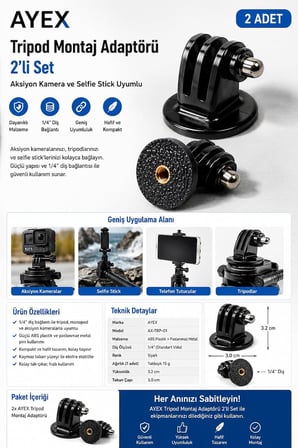 AX-TRP-01 Tripod Montaj Adaptörü 2'li Set, 1/4" Diş Bağlantılı Aksiyon Kamera ve Selfie Stick Dönüştürücü Aparat, GoPro, DJI Osmo, Insta360 ve Telefon Tutucu ile Uyumlu, Siyah