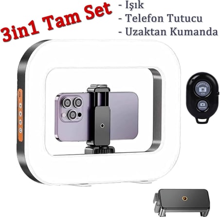 3in1 Şarjlı LED Ring Light Video Işık Seti Telefon Tutucu Bluetooth Kumandalı 20W 2500K-8500K Ayarlanabilir Işık CRI96+ Vlog Canlı Yayın Makyaj Çekim Işığı | RL-200