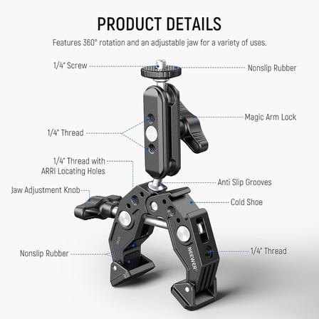 Süper Kelepçe 3 "Çift Ballhead Sihirli Kol, Soğuk Ayakkabı, 1/4" 3/8" Konular, Telefon/Aksiyon Kamera Montaj Adaptörü Masa Tripod Tüp Crossbar Gimbal Çubuklar için SmallRig GoPro DJI, ST83 ile