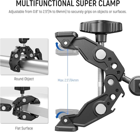 Süper Kelepçe 3 "Çift Ballhead Sihirli Kol, Soğuk Ayakkabı, 1/4" 3/8" Konular, Telefon/Aksiyon Kamera Montaj Adaptörü Masa Tripod Tüp Crossbar Gimbal Çubuklar için SmallRig GoPro DJI, ST83 ile