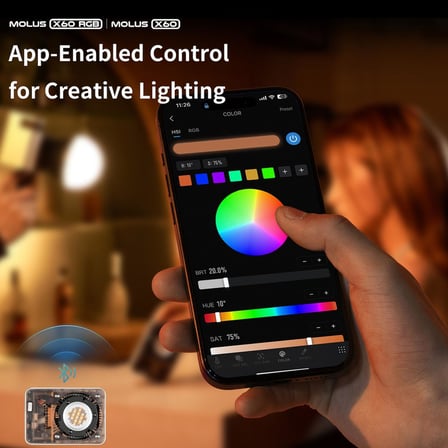 MOLUS X60 COMBO COB LED Video Işığı 60W İki Renkli 2700-6500K Difüzörlü APP Kontrolünü Destekler Bir Pil