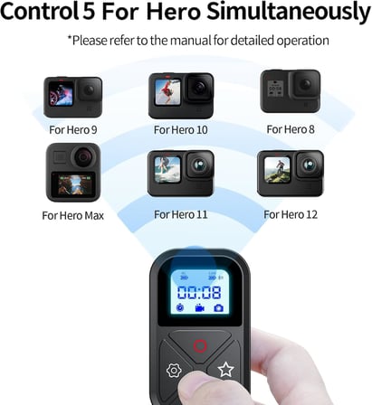 Akıllı Kablosuz Uzaktan Kumanda GoPro Max Mini Hero 12 Hero 11 Hero 10 Hero 9 Hero 8, LCD Göstergesi Mıknatıs Şarj Portu El Kayışı Go Pro 11 12 10 9 8 Siyah Kamera Aksesuarları