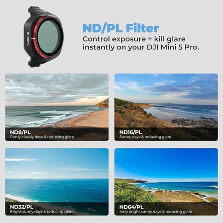 Mega 16'lı paket filtre seti, DJI Mini 5 Pro için, UV, ND, ND/PL, LPR, Glow Mist, 10 stop ND1000, CPL, buhar azaltma, hava çekimleri için sinema filtre seti