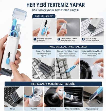 Çok Fonksiyonlu Klavye Temizleme Seti, Bilgisayar Telefon Ekran Temizleyici Fırça Seti, Spreyli Hassas Temizlik Kiti, Kulaklık Klavye Temizleme Aparatı 4 in 1